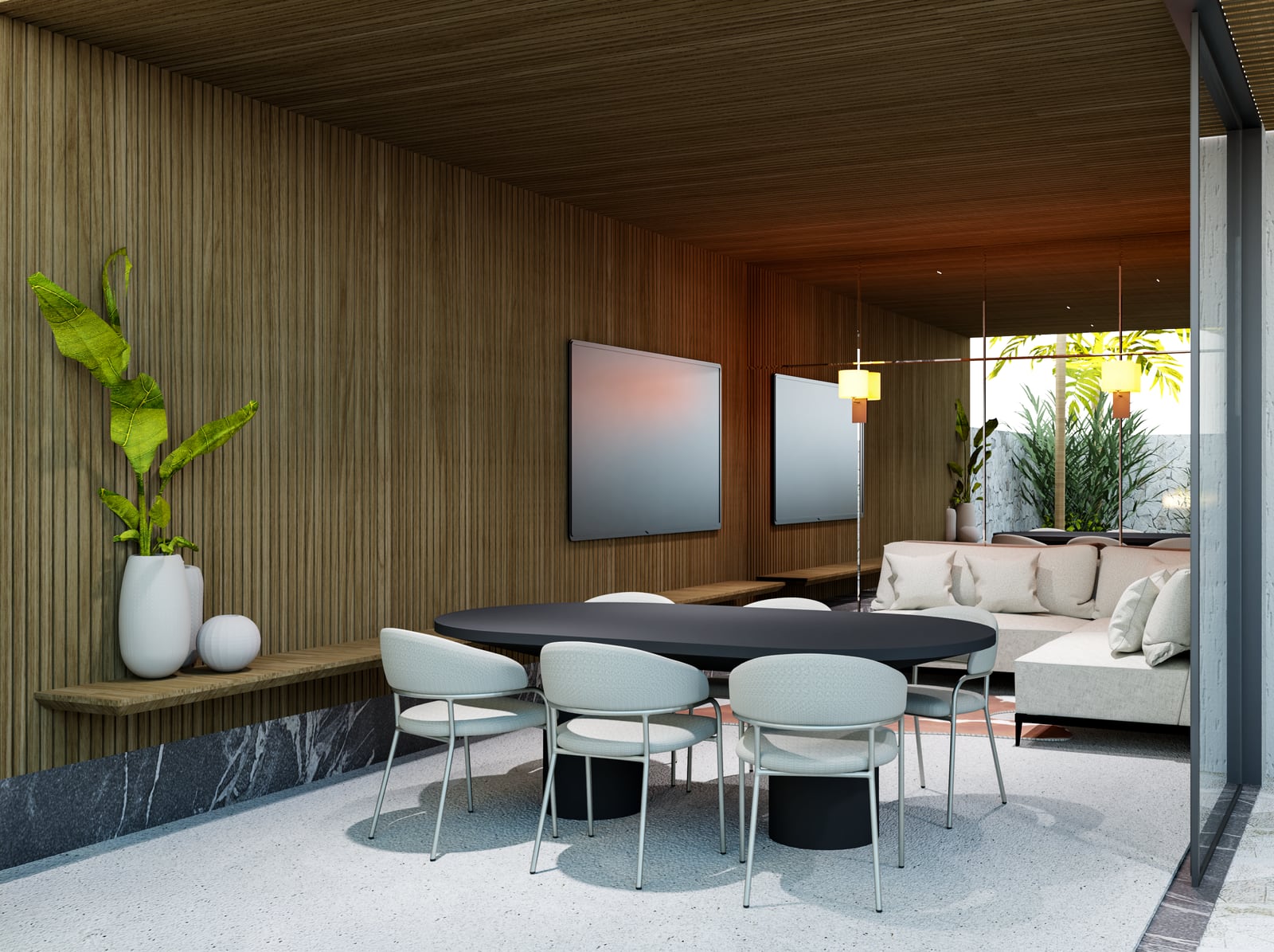 Área gourmet e lounge decorados — sobrado 4Q3S (imagem ilustrativa)